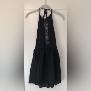 NWOT- Black lightweight mini-dress with halter tie-neck top & lace detailing (S)